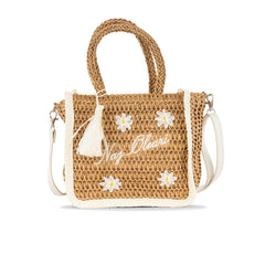 Shopper bag beige in paglia con logo e fiori bianco
