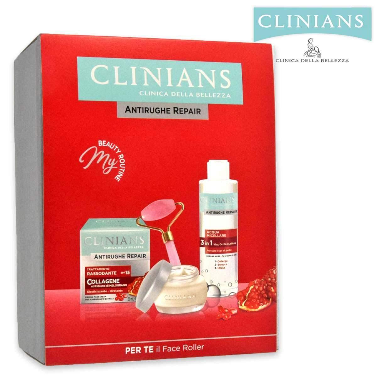 Clinians coffret crema viso antirughe + acqua micellare + face roller
