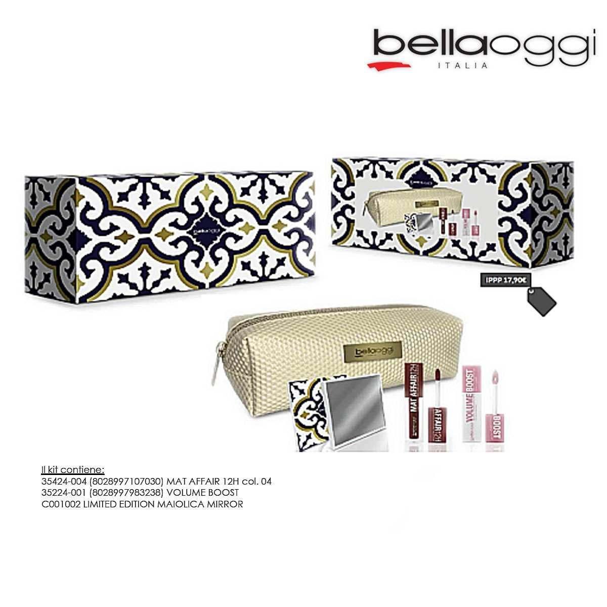 Bellaoggi cofanetto regalo linea mediterranean con pochette contenente 1 rossetto opaco 12h colore n.4, 1 volume boost labbra e 1 specchietto