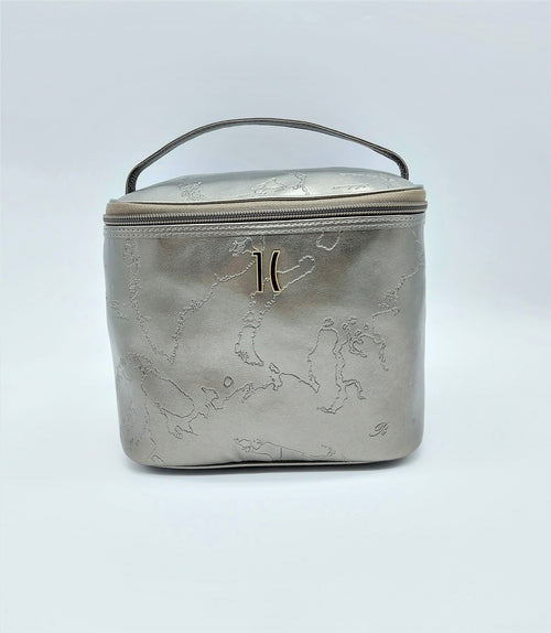 Alviero Marti Beauty Case Pewter Con Cartina Geografica E Scritta In Rilievo