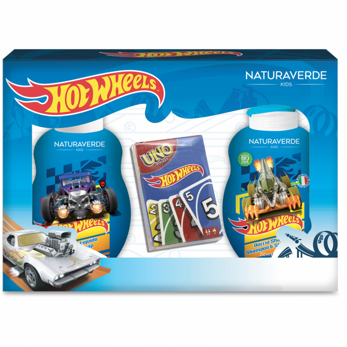 SET REGALO CARTE DA GIOCO UNO + SAPONE + SHAMPO HOTWHEELS