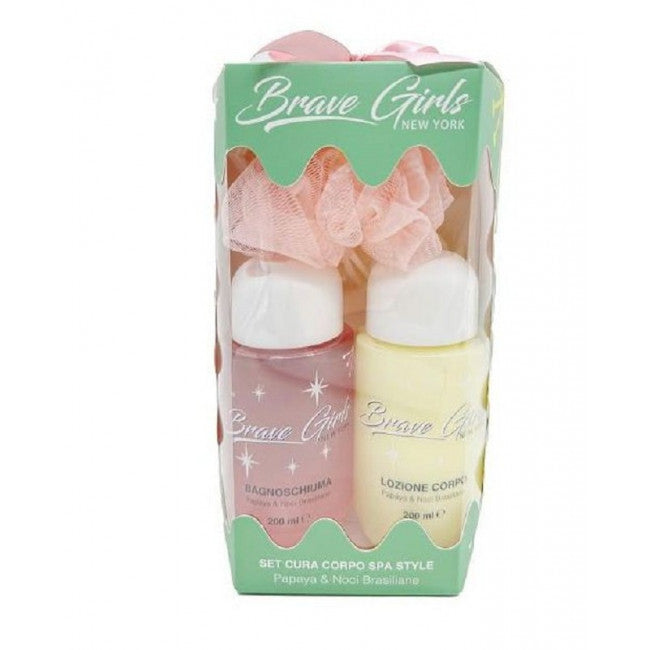 BRAVE GIRLS BAGNOSCHIUMA +LOZIONE CORPO +SPUGNA PAPAYA E NOCI BRASIL