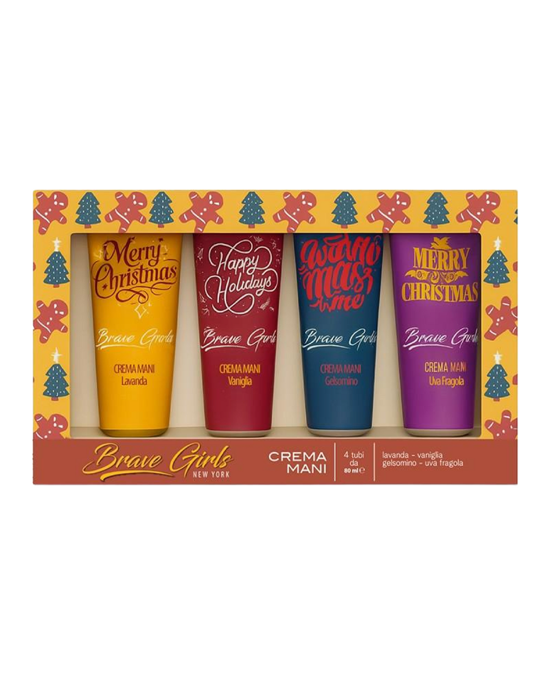 BRAVE GIRLS Cofanetto Crema Mani 4x80ml – Lavanda, Vaniglia, Uva & Fragola, Gelsomino