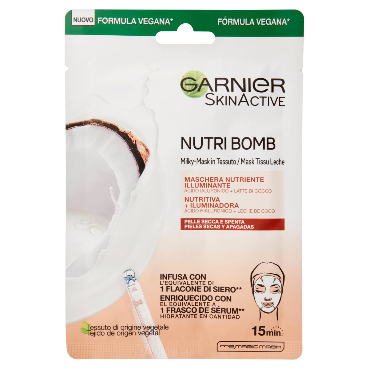 GARNIER NUTRIBOMB Maschera in Tessuto Latte di Cocco e Acido Ialuronico Nutriente Illuminante per Pelli Secche e Molto Secche