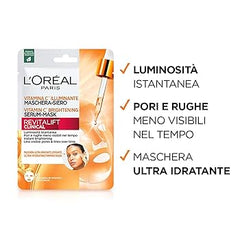L'Oréal Paris Maschera-Siero Idratante in Tessuto, Con Vitamina C, Effetto Illuminante, Per Pelle Più Luminosa e Pori Meno Visibili, Revitalift Clinical, 26 g