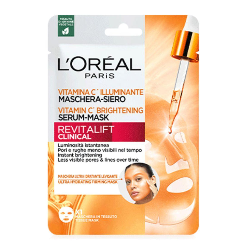 L'Oréal Paris Maschera-Siero Idratante in Tessuto, Con Vitamina C, Effetto Illuminante, Per Pelle Più Luminosa e Pori Meno Visibili, Revitalift Clinical, 26 g